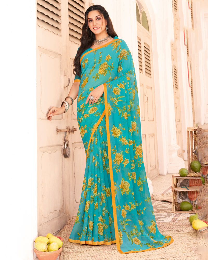 Vishal Prints Dark Turquoise Blue Printed Georgette Saree With Satin Piping