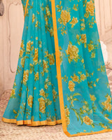 Vishal Prints Dark Turquoise Blue Printed Georgette Saree With Satin Piping