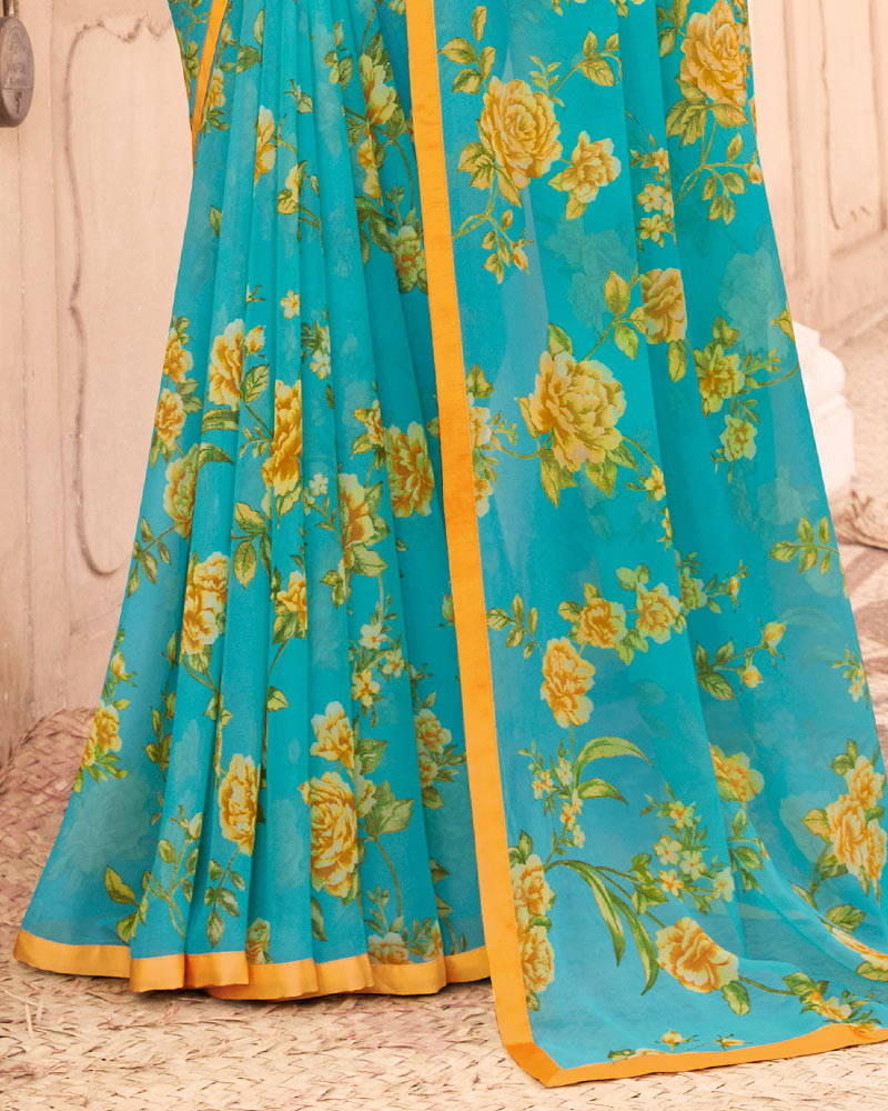 Vishal Prints Dark Turquoise Blue Printed Georgette Saree With Satin Piping