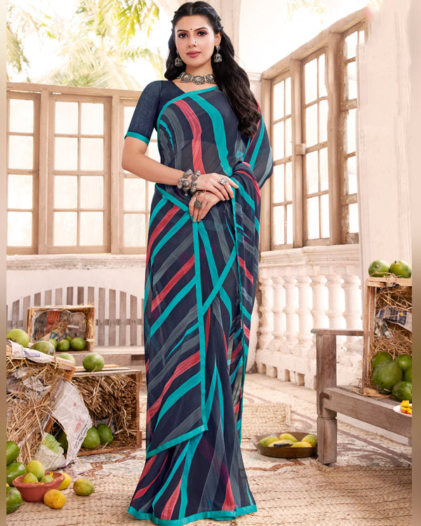 Vishal Prints Navy Blue Printed Georgette Saree With Satin Piping