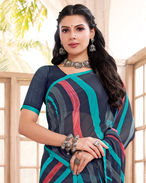 Vishal Prints Navy Blue Printed Georgette Saree With Satin Piping