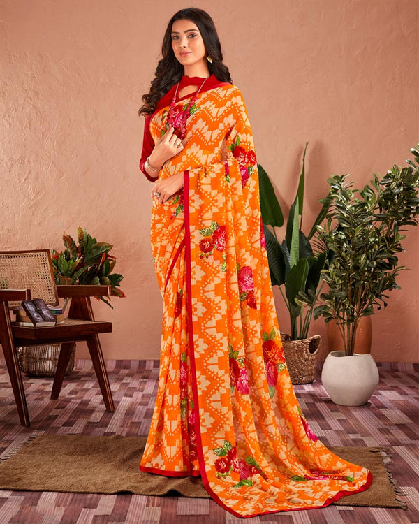 Vishal Prints Orange Printed Georgette Saree With Satin Piping