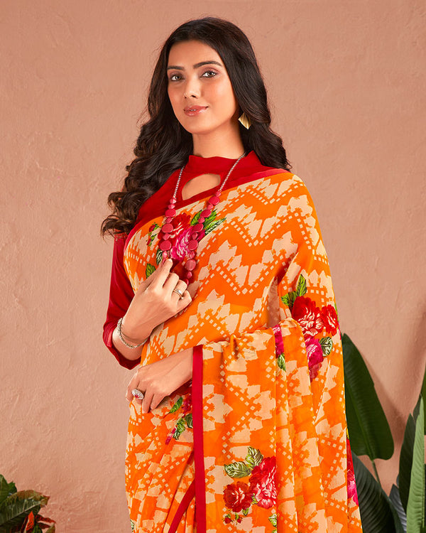 Vishal Prints Orange Printed Georgette Saree With Satin Piping