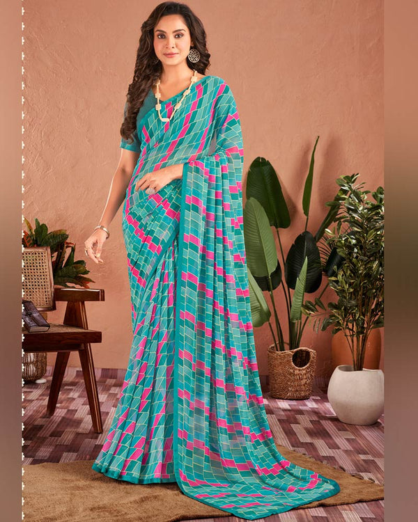 Vishal Prints Pastel Teal Green Printed Georgette Saree With Satin Piping