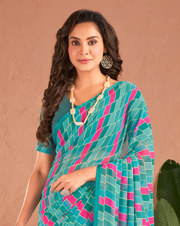 Vishal Prints Pastel Teal Green Printed Georgette Saree With Satin Piping