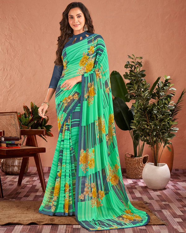 Vishal Prints Shamrock Green Printed Georgette Saree With Satin Piping