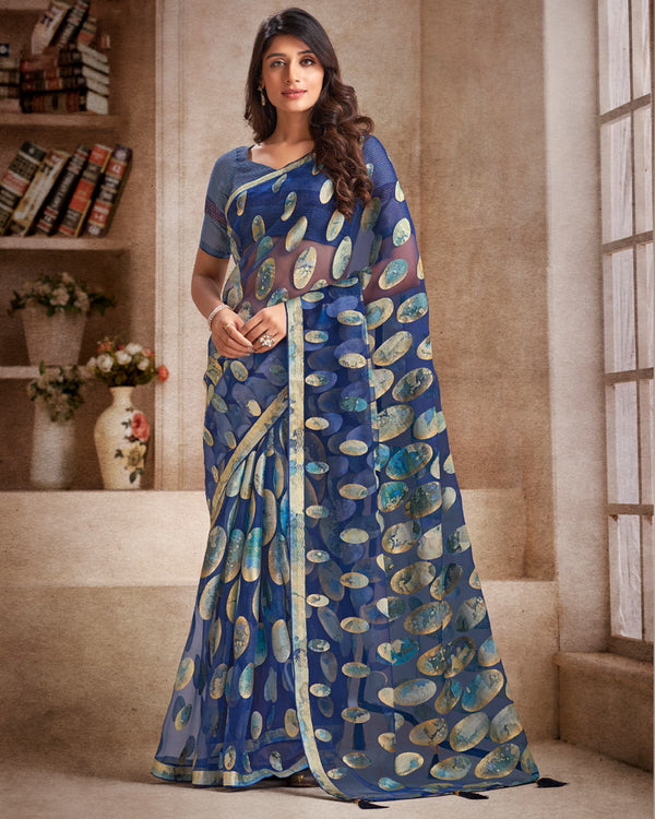 Vishal Prints Navy Blue Tissue Brasso Digital Print Saree With Tassel And Core Piping