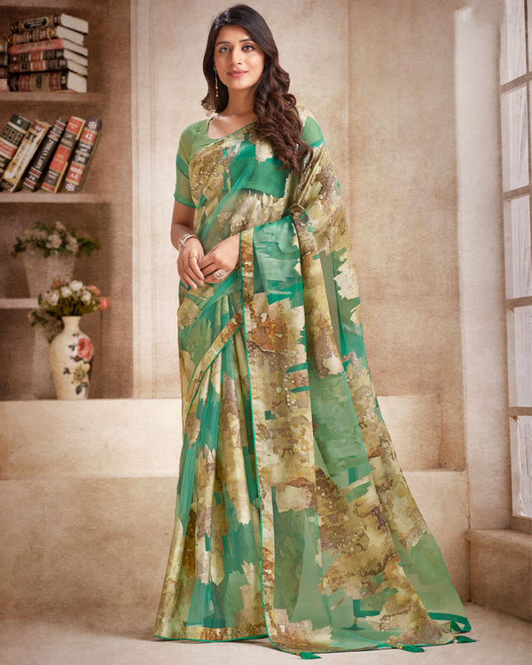 Vishal Prints Aqua Green Tissue Brasso Digital Print Saree With Tassel And Core Piping