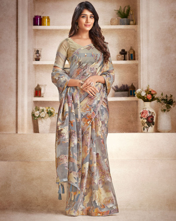 Vishal Prints Grey Tissue Brasso Digital Print Saree With Tassel And Core Piping