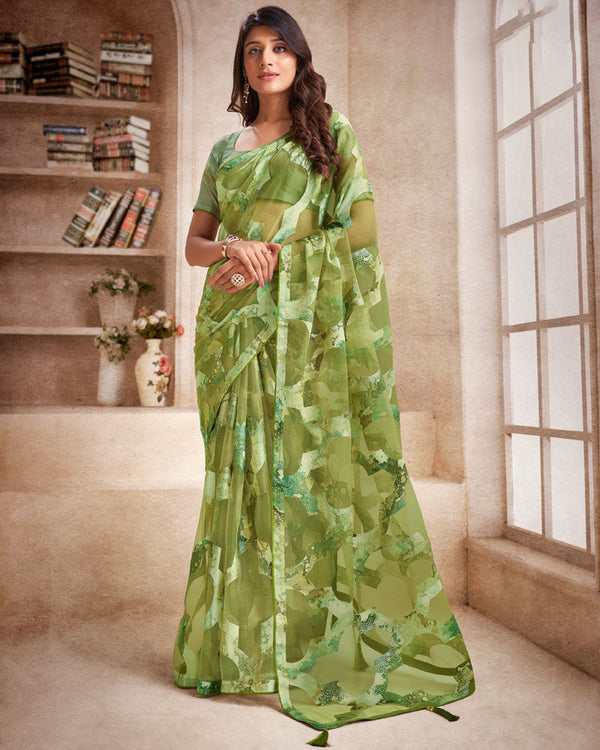 Vishal Prints Olive Green Tissue Brasso Digital Print Saree With Tassel And Core Piping