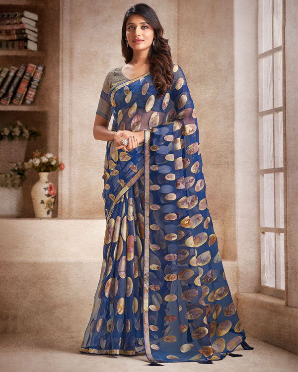 Vishal Prints Dark Blue Tissue Brasso Digital Print Saree With Tassel And Core Piping