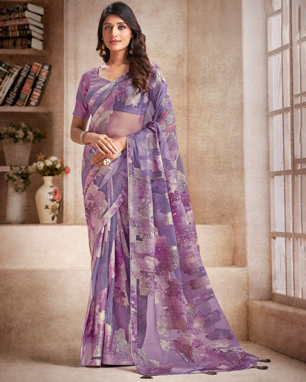 Vishal Prints Violet Tissue Brasso Digital Print Saree With Tassel And Core Piping