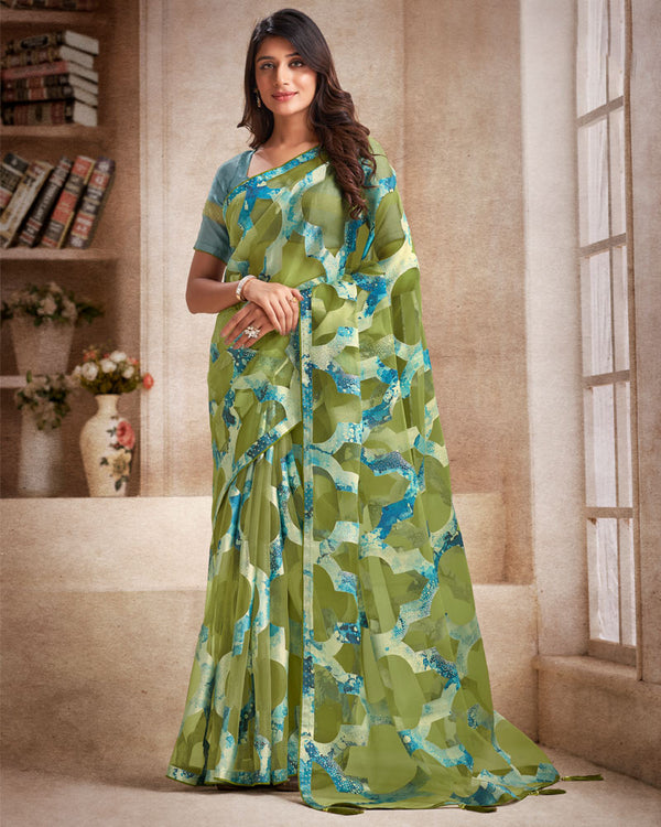 Vishal Prints Mehandi Green Tissue Brasso Digital Print Saree With Tassel And Core Piping