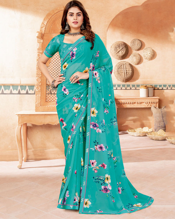 Vishal Prints Teal Blue Digital Print Georgette Saree With Fancy Border