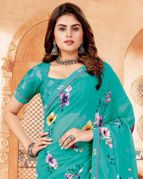 Vishal Prints Teal Blue Digital Print Georgette Saree With Fancy Border