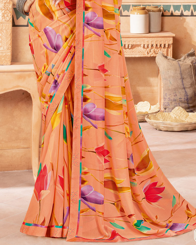 Vishal Prints Pastel Orange Digital Print Georgette Saree With Fancy Border