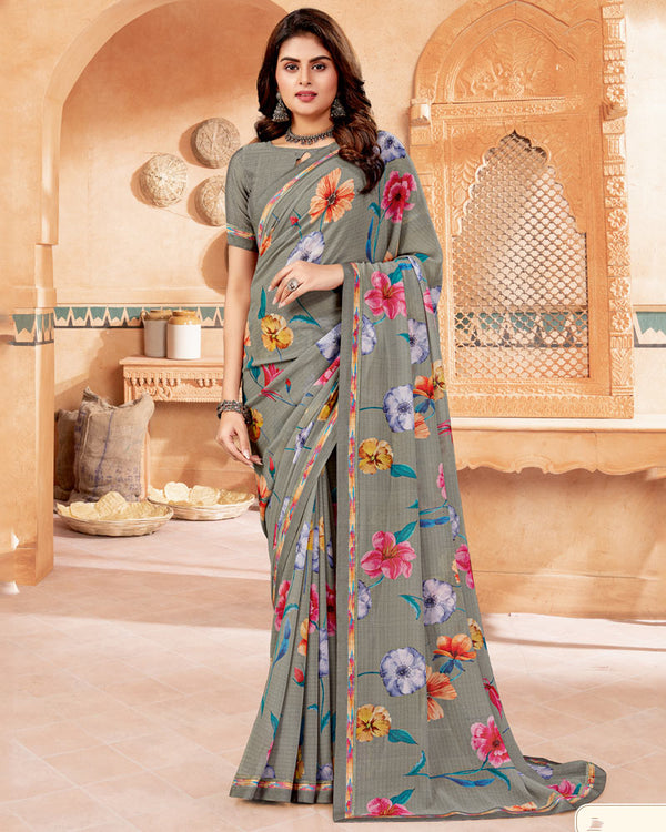 Vishal Prints Pale Oyster Grey Digital Print Georgette Saree With Fancy Border