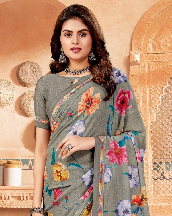 Vishal Prints Pale Oyster Grey Digital Print Georgette Saree With Fancy Border