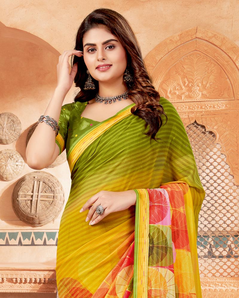 Vishal Prints Dark Olive Green Digital Print Georgette Saree With Fancy Border