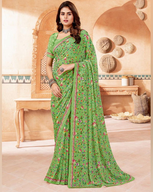 Vishal Prints Chelsea Cucumber Green Digital Print Georgette Saree With Fancy Border