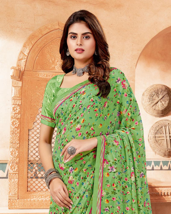 Vishal Prints Chelsea Cucumber Green Digital Print Georgette Saree With Fancy Border