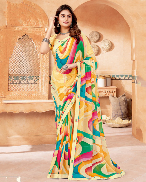 Vishal Prints Peach Yellow Digital Print Georgette Saree With Fancy Border