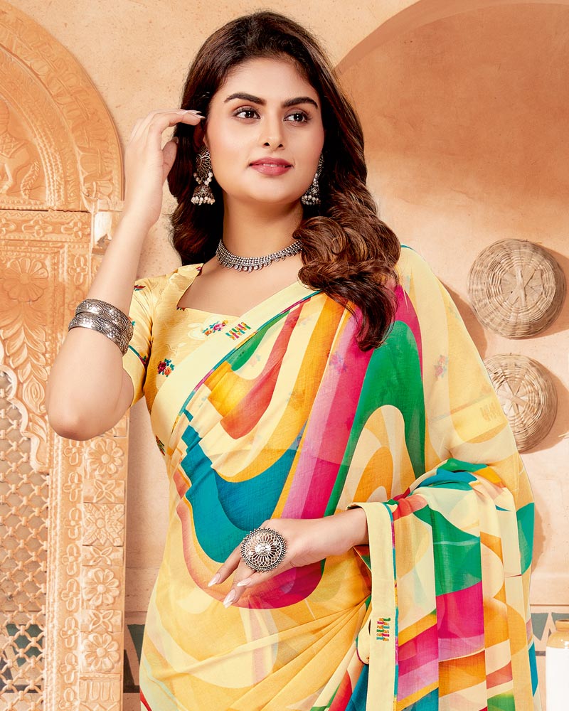 Vishal Prints Peach Yellow Digital Print Georgette Saree With Fancy Border