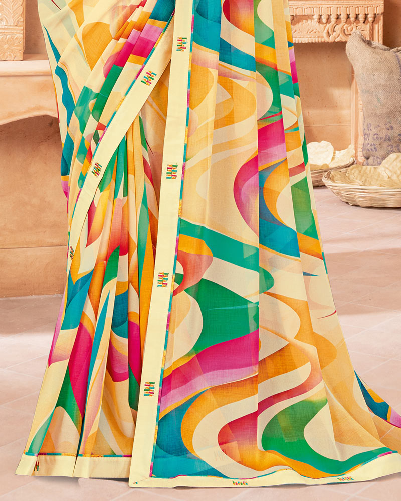 Vishal Prints Peach Yellow Digital Print Georgette Saree With Fancy Border