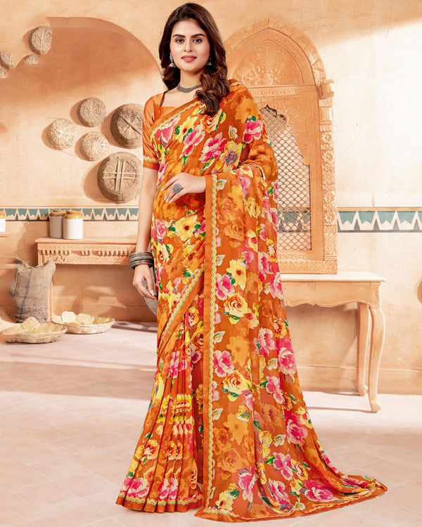 Vishal Prints Ochre Digital Print Georgette Saree With Fancy Border