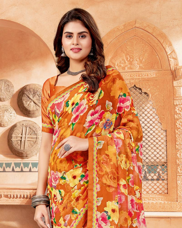 Vishal Prints Ochre Digital Print Georgette Saree With Fancy Border