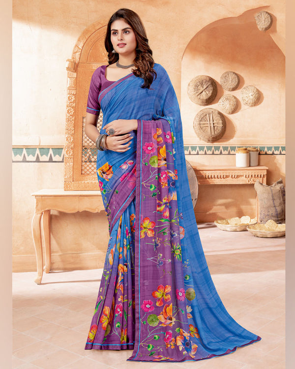 Vishal Prints Persian Blue Digital Print Georgette Saree With Fancy Border