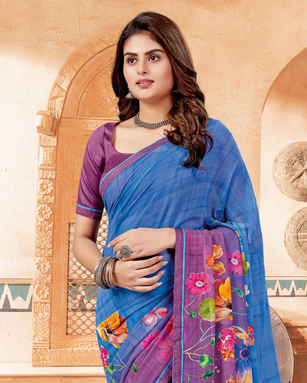 Vishal Prints Persian Blue Digital Print Georgette Saree With Fancy Border