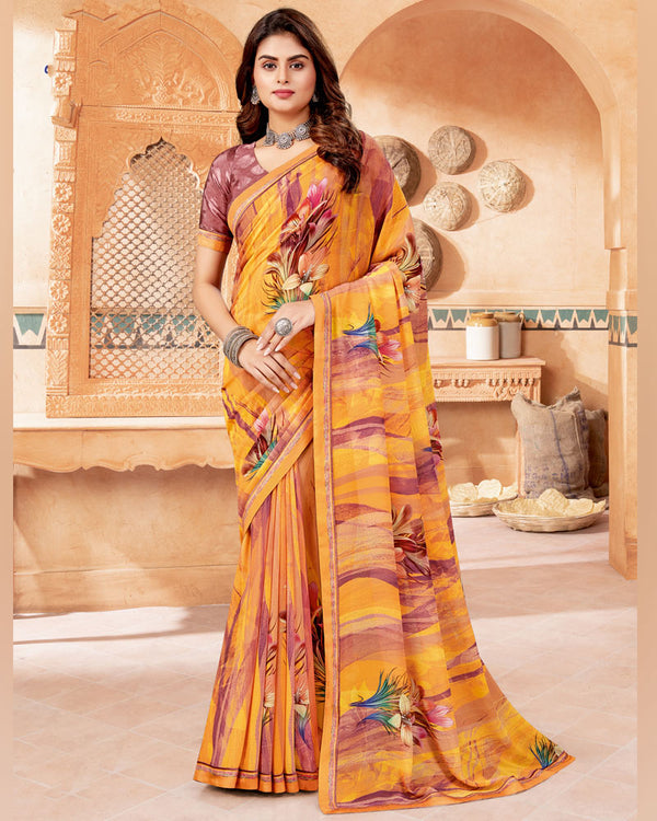 Vishal Prints Mustard Digital Print Georgette Saree With Fancy Border