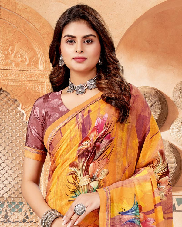 Vishal Prints Mustard Digital Print Georgette Saree With Fancy Border