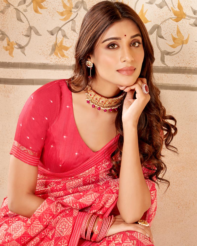 Vishal Prints Pinkish Red Printed Georgette Saree With Fancy Border