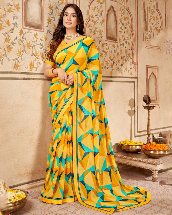 Vishal Prints Mustard Printed Georgette Saree With Fancy Border