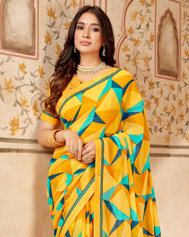 Vishal Prints Mustard Printed Georgette Saree With Fancy Border