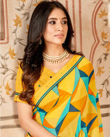 Vishal Prints Mustard Printed Georgette Saree With Fancy Border