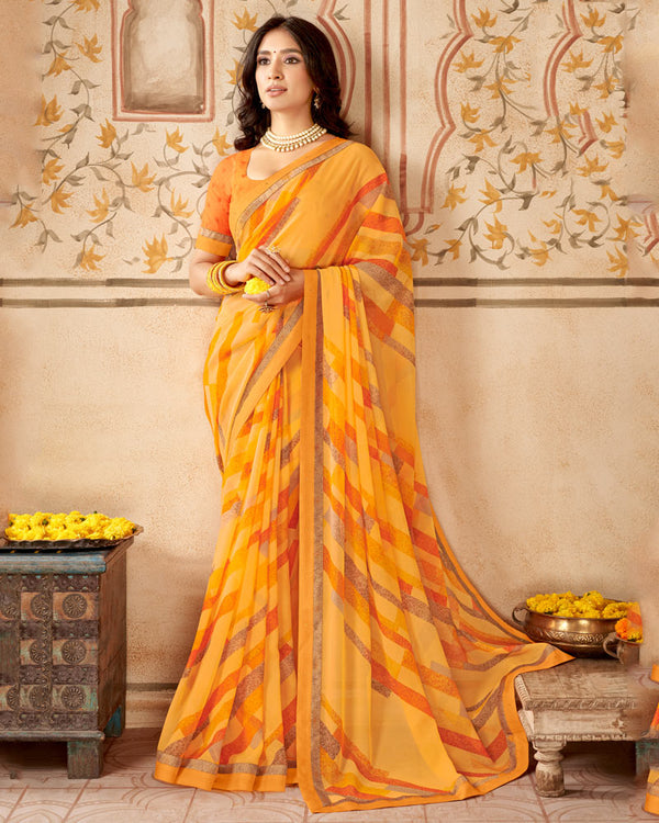 Vishal Prints Yellowish Orange Printed Georgette Saree With Fancy Border