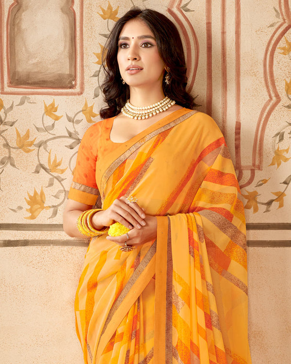 Vishal Prints Yellowish Orange Printed Georgette Saree With Fancy Border