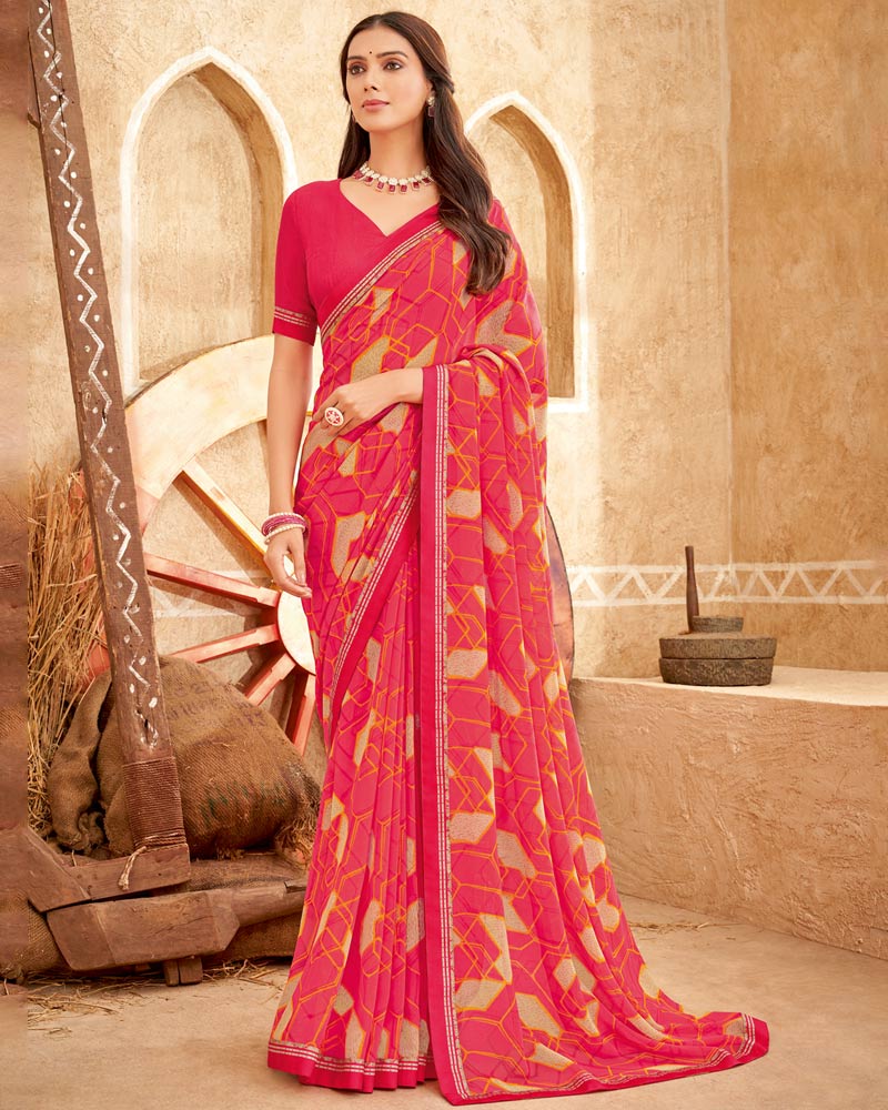 Vishal Prints Red Pink Printed Georgette Saree With Fancy Border