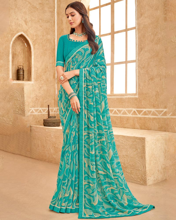 Vishal Prints Teal Blue Printed Georgette Saree With Fancy Border