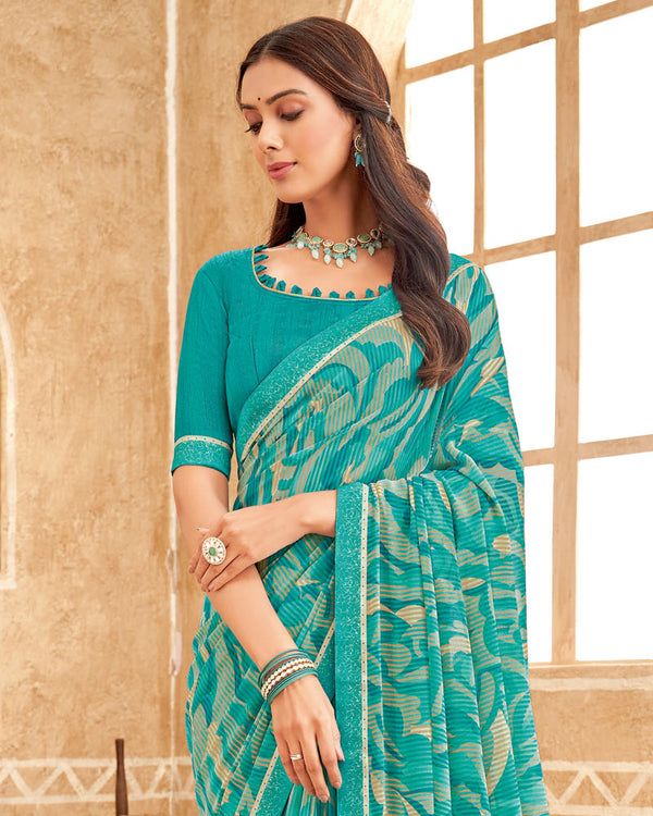 Vishal Prints Teal Blue Printed Georgette Saree With Fancy Border