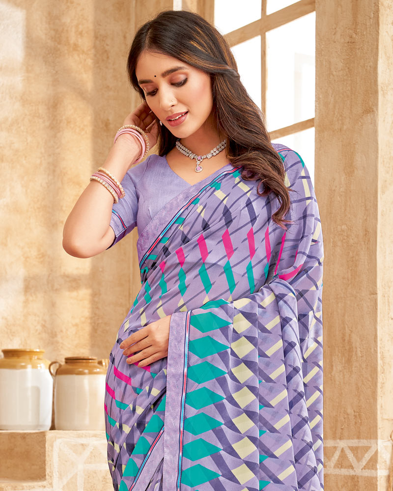 Vishal Prints Lavender Printed Georgette Saree With Fancy Border