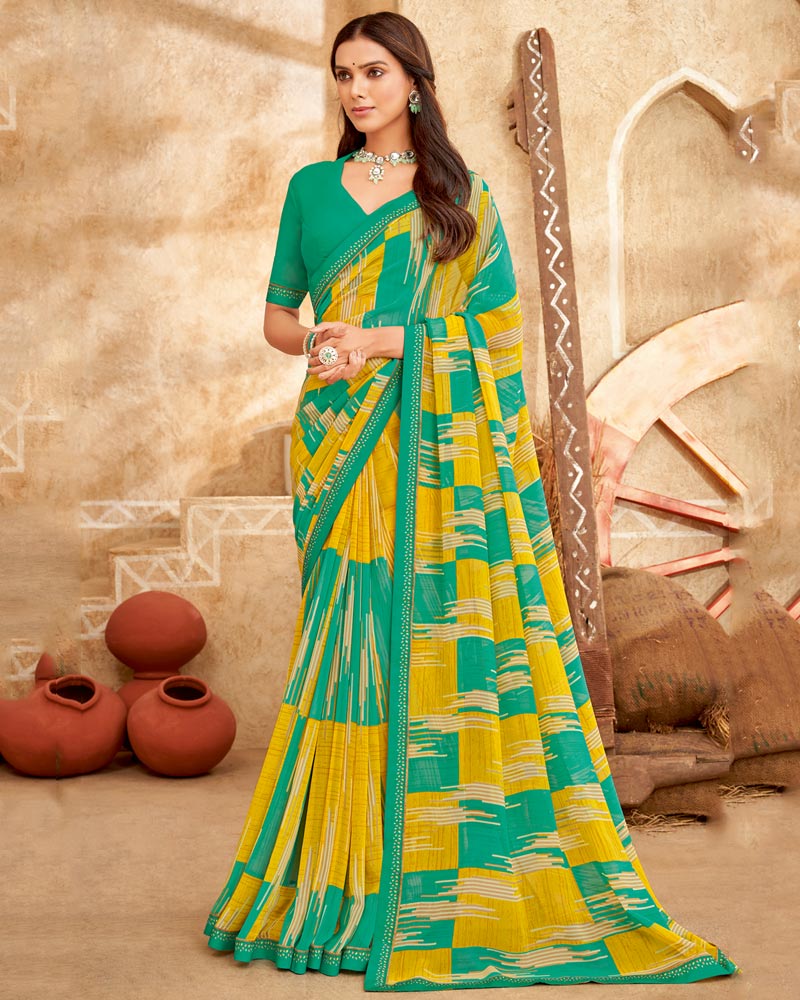 Vishal Prints Dark Mint Green Printed Georgette Saree With Fancy Border