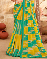 Vishal Prints Dark Mint Green Printed Georgette Saree With Fancy Border