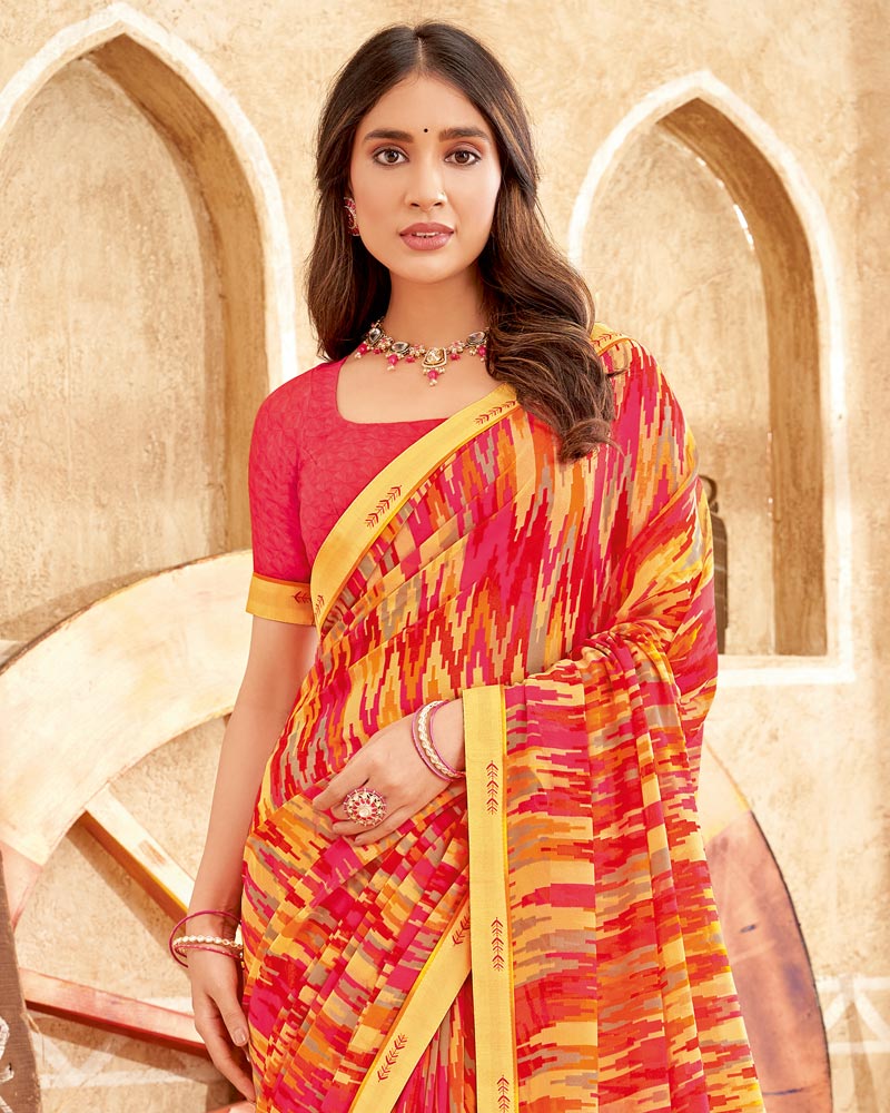 Vishal Prints Persian Red Printed Georgette Saree With Fancy Border