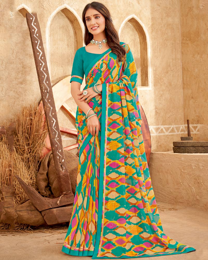 Vishal Prints Teal Green Printed Georgette Saree With Fancy Border