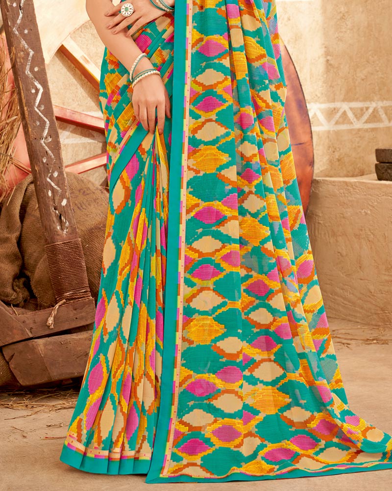 Vishal Prints Teal Green Printed Georgette Saree With Fancy Border