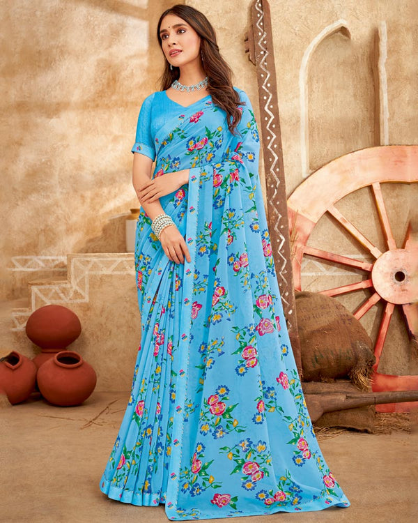 Vishal Prints Aquamarine Blue Printed Georgette Saree With Fancy Border